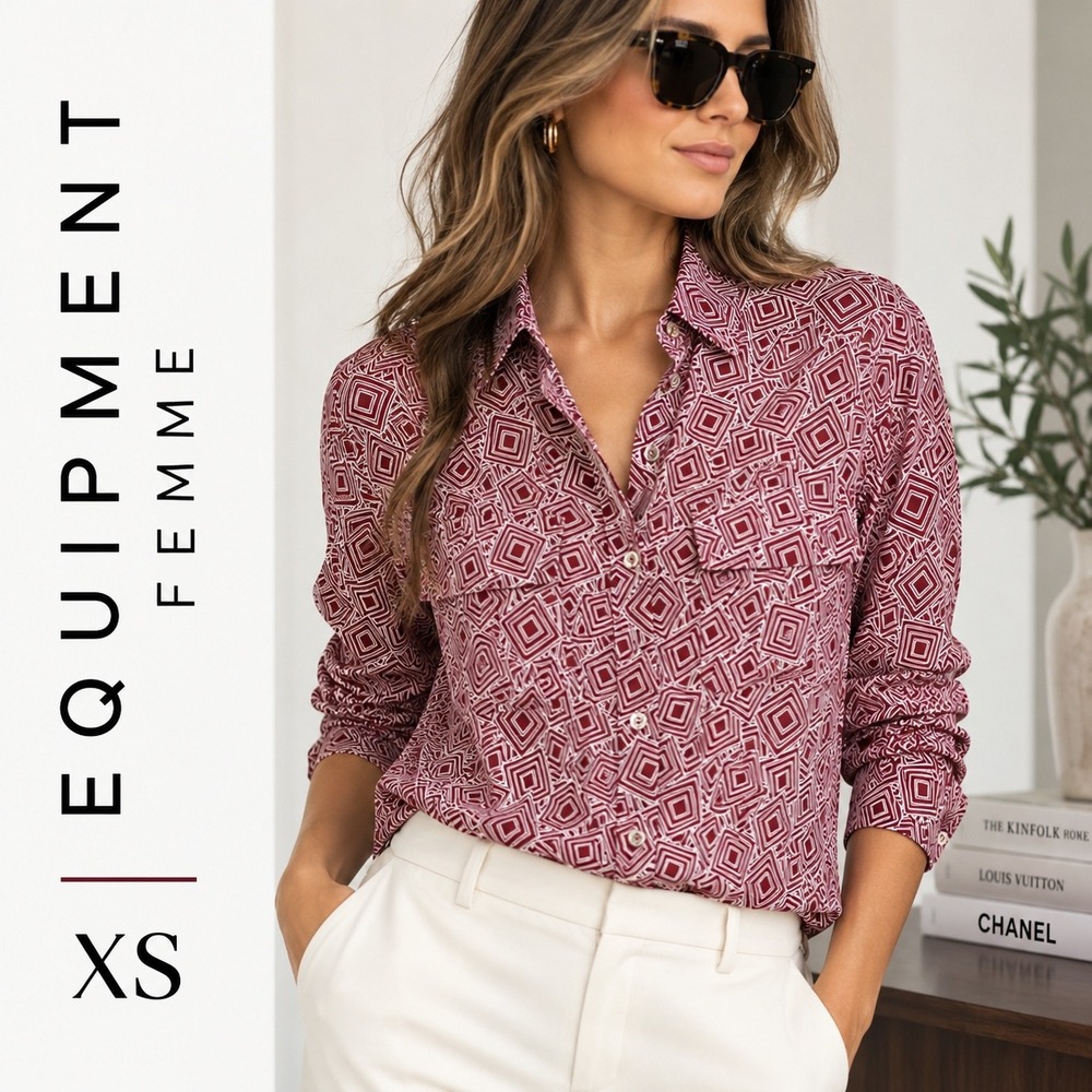 Equipment Femme Slim Signature 100% Silk Shirt XS Burgundy Geometric Button Down